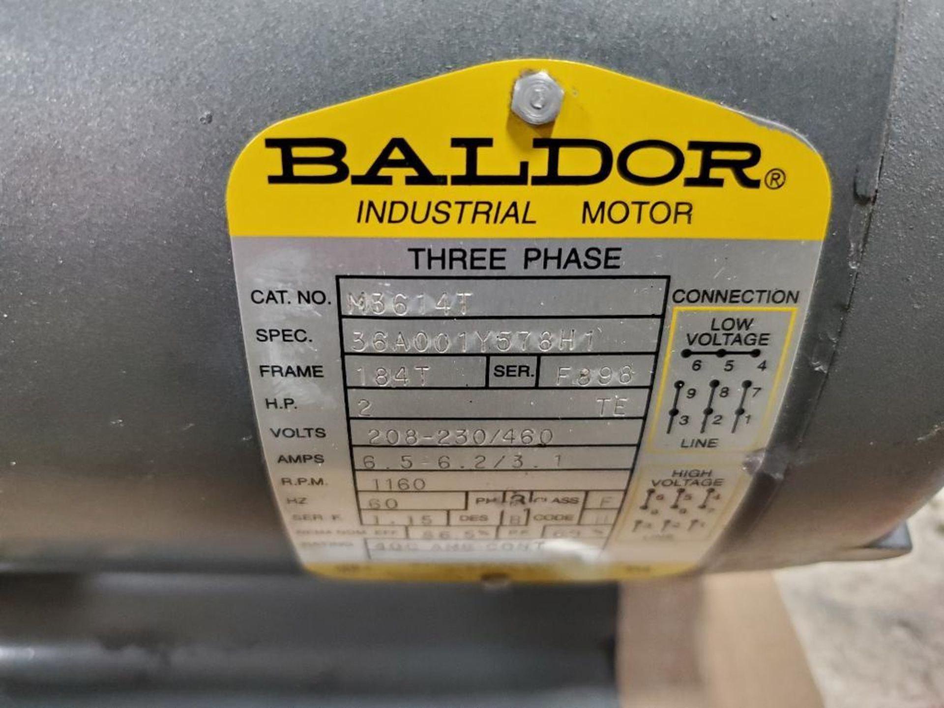 2hp Baldor motor. Catalog M3614T. 208-230/460v 3 phase. Frame 184T, RPM 1160. - Image 2 of 7