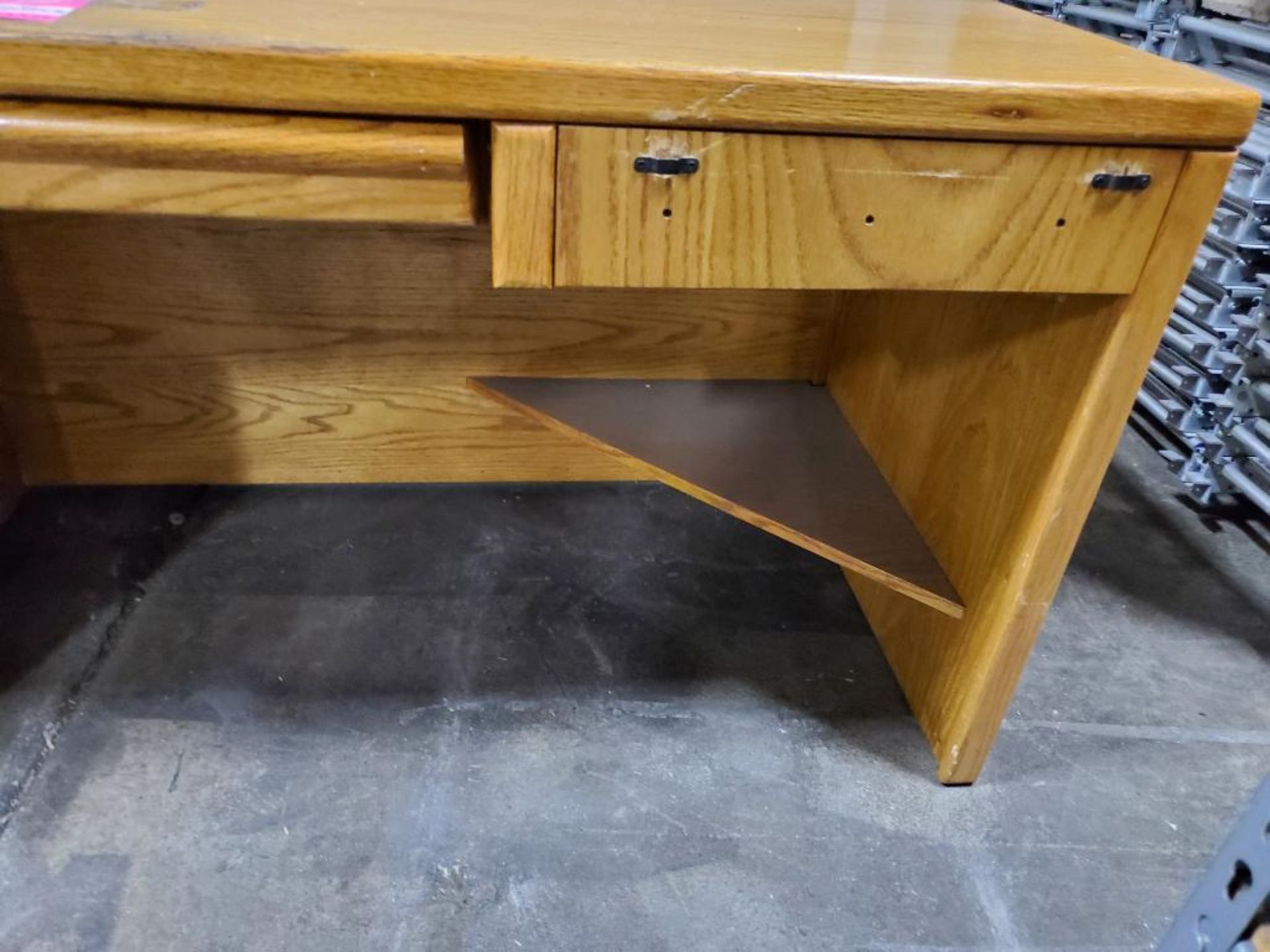 Oak wood office desk. 68in long by 33in deep by 29in tall. - Image 2 of 6