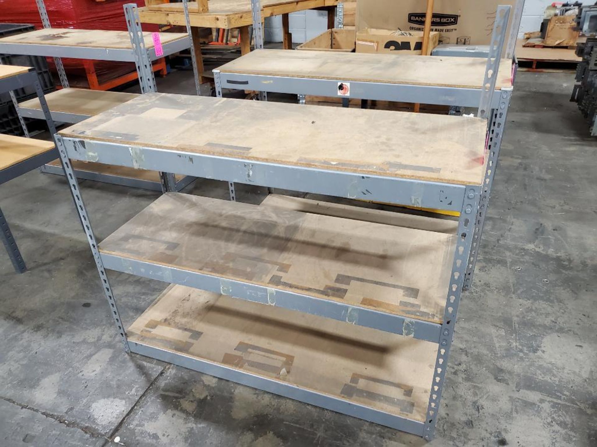 Shop shelf. 48"w x 18"d x 36"h (top shelf), 48"h (poles).