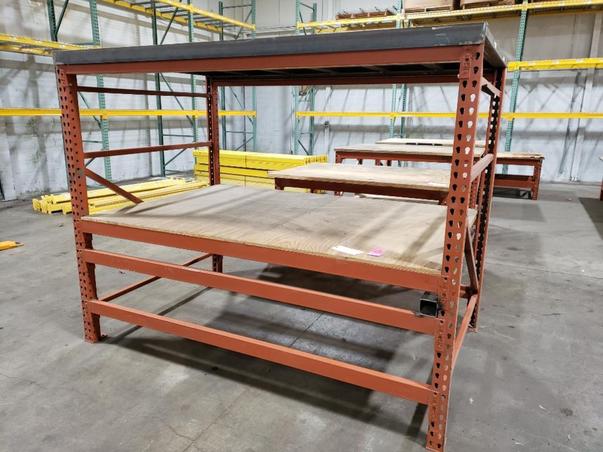Heavy duty pallet rack built shelf. 94in wide x 60in deep x 74in tall.