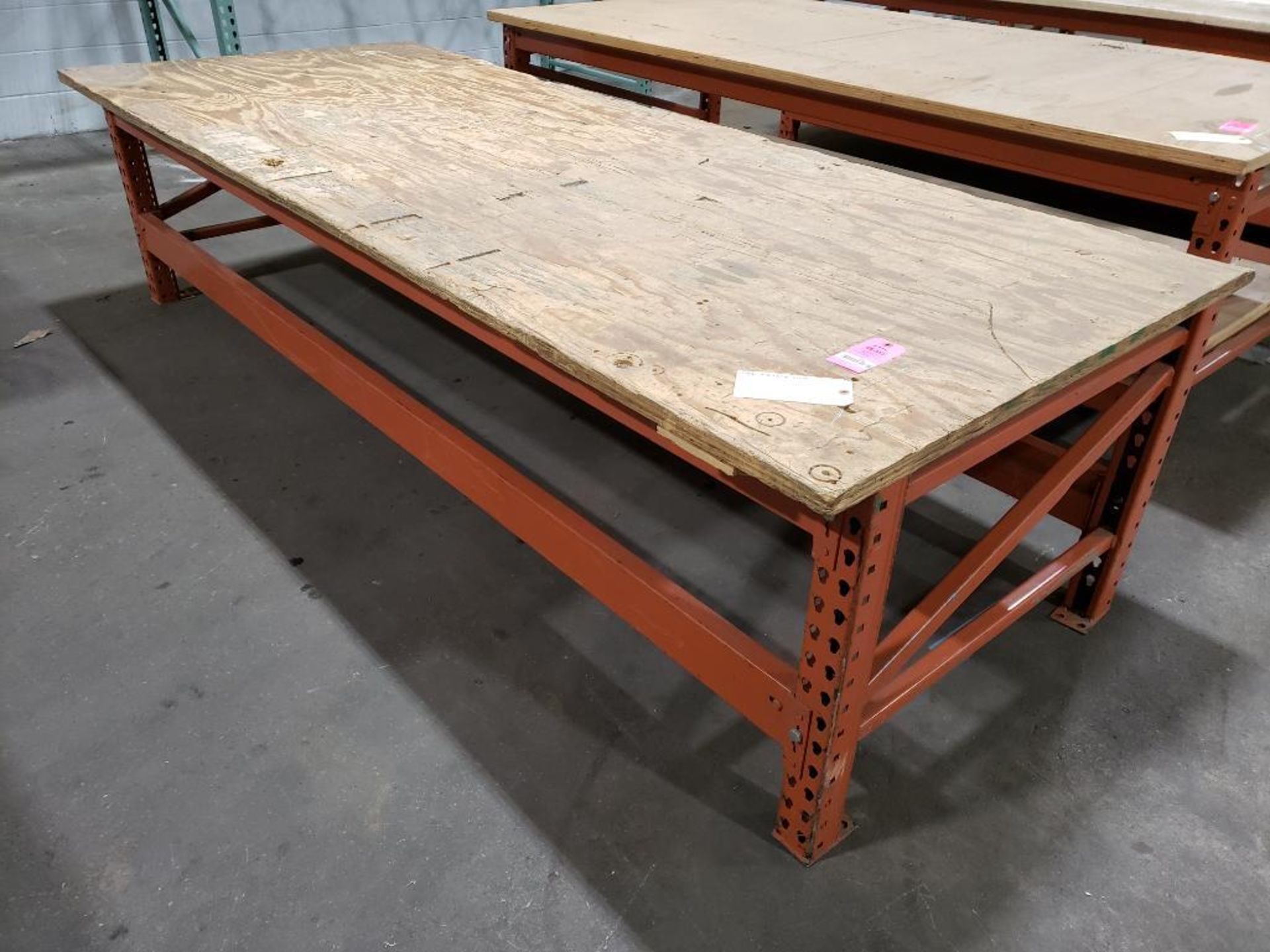 Heavy duty pallet rack built workbench. 118in wide x 47in deep x 30in tall.