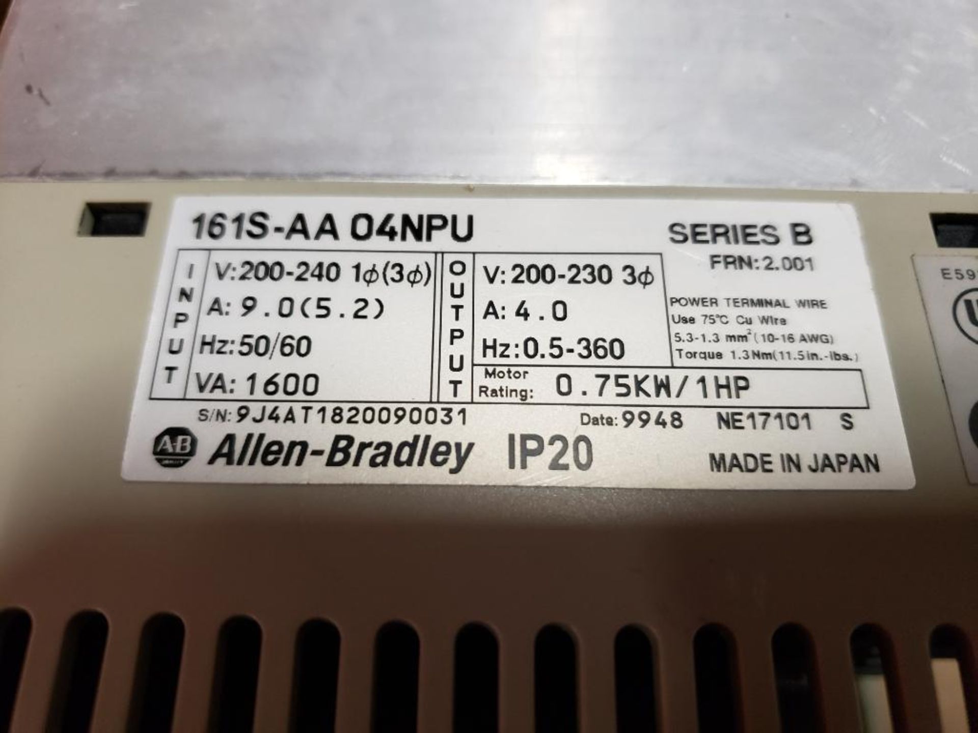 Allen Bradley 161S-AA04NPU adjustable frequency drive. 0.75kW / 1HP. - Image 4 of 4