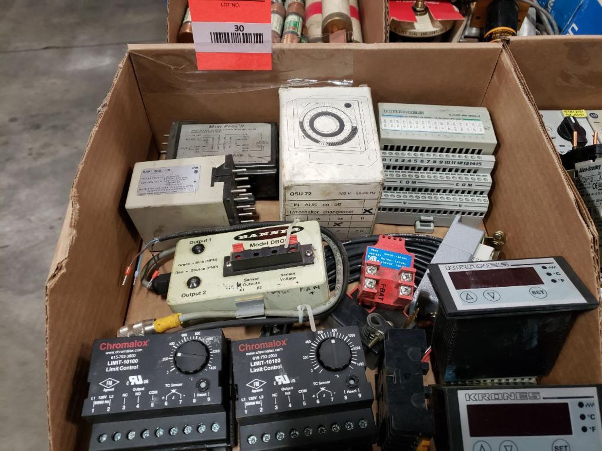 Assorted electrical panel meter, relay, limit control, connector. Banner, Chromalox, Krones.