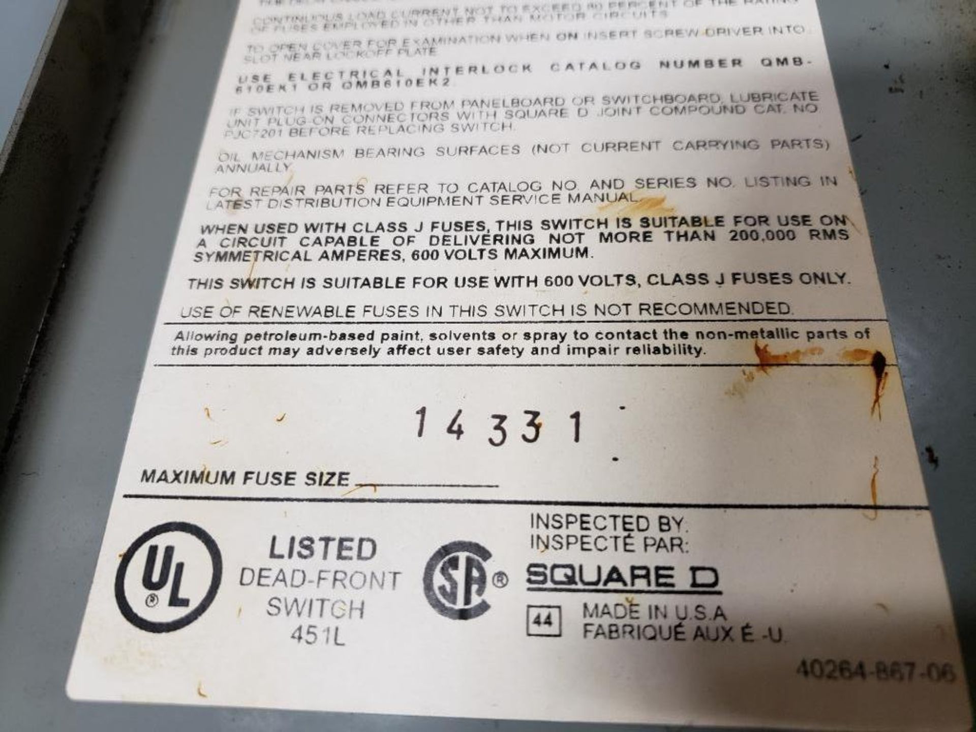 Square D QMJ362T Twin fusible branch switch unit. 60AMP, 3-Pole, 600VAC. - Image 8 of 9