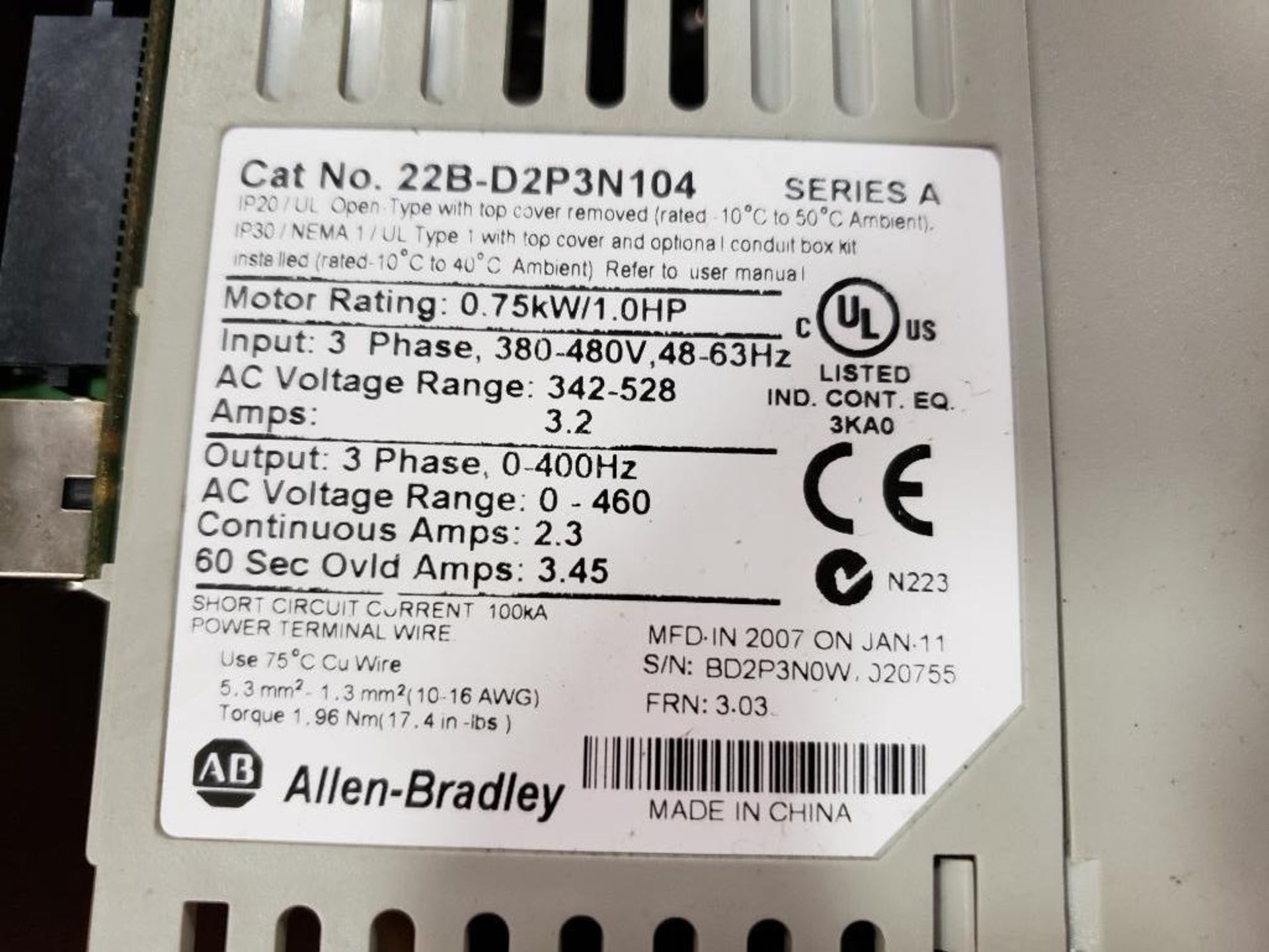 Allen Bradley PowerFlex ac drive. 22B-D2P3N104, 1.0HP. - Image 3 of 3