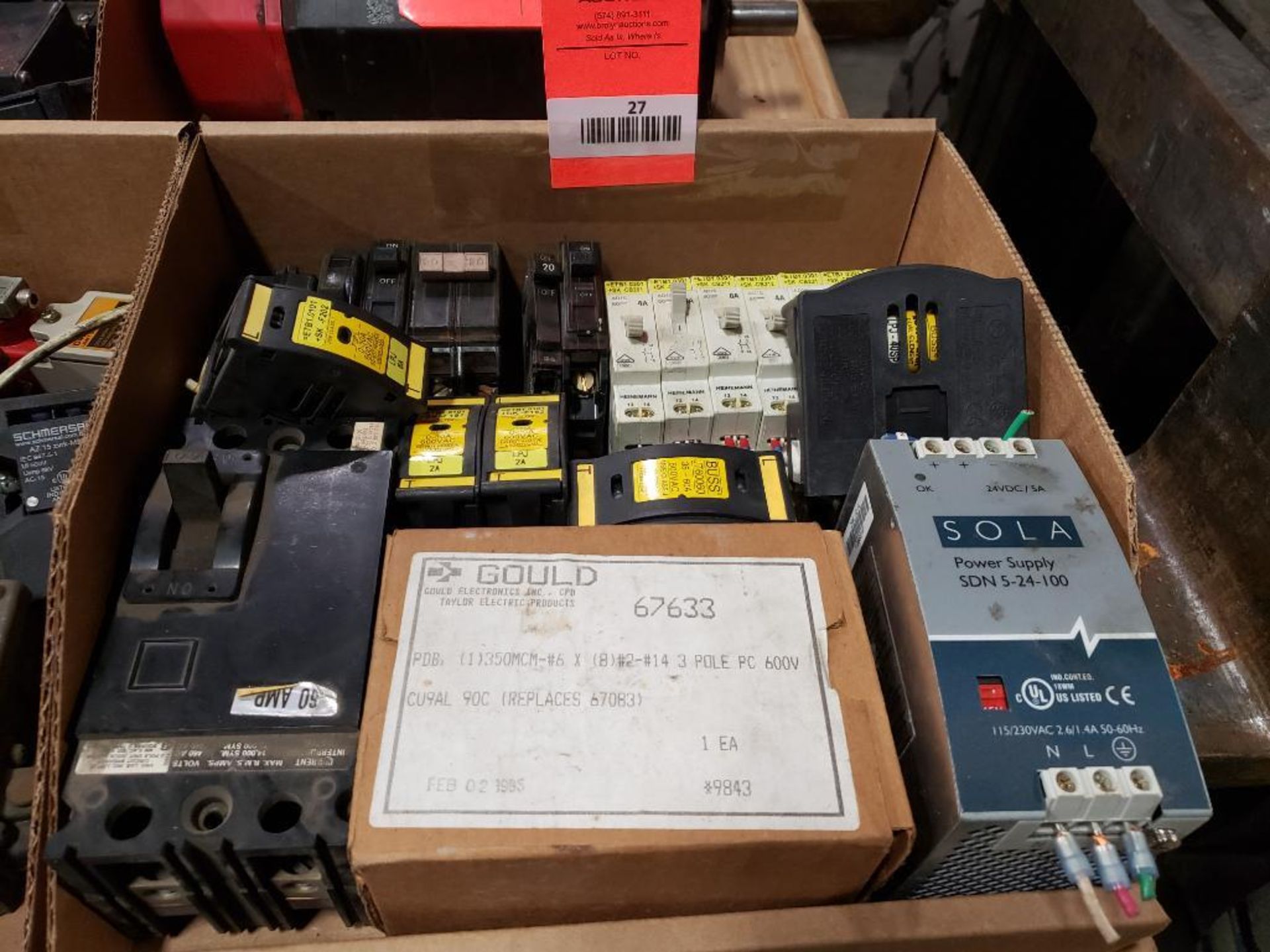 Assorted electrical power supply, breakers, fuse holder. Sola, Buss, Gould.