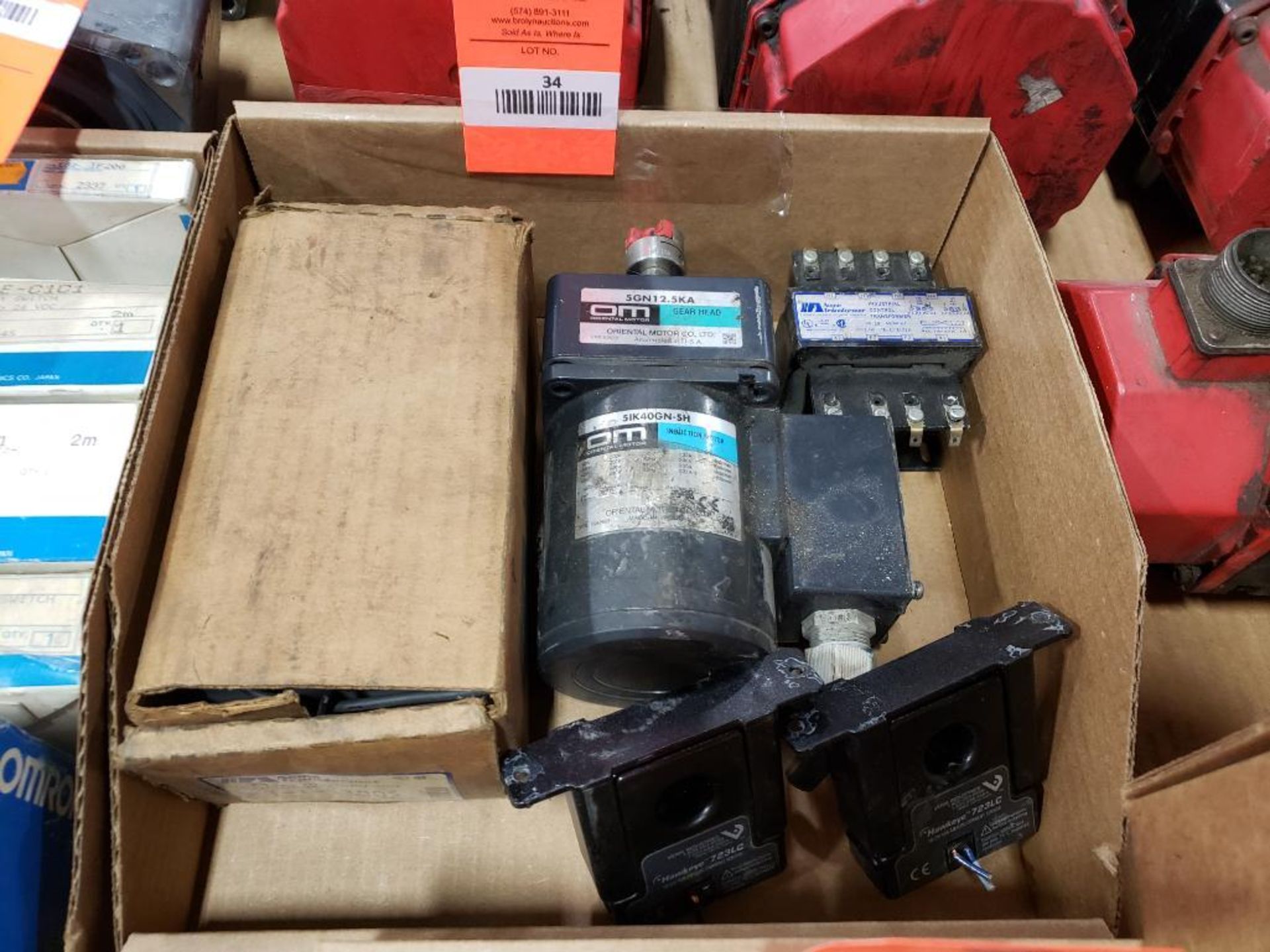 Assorted electrical motor, transformer, sensor. Veris Industries, Acme, Oriental Motors.