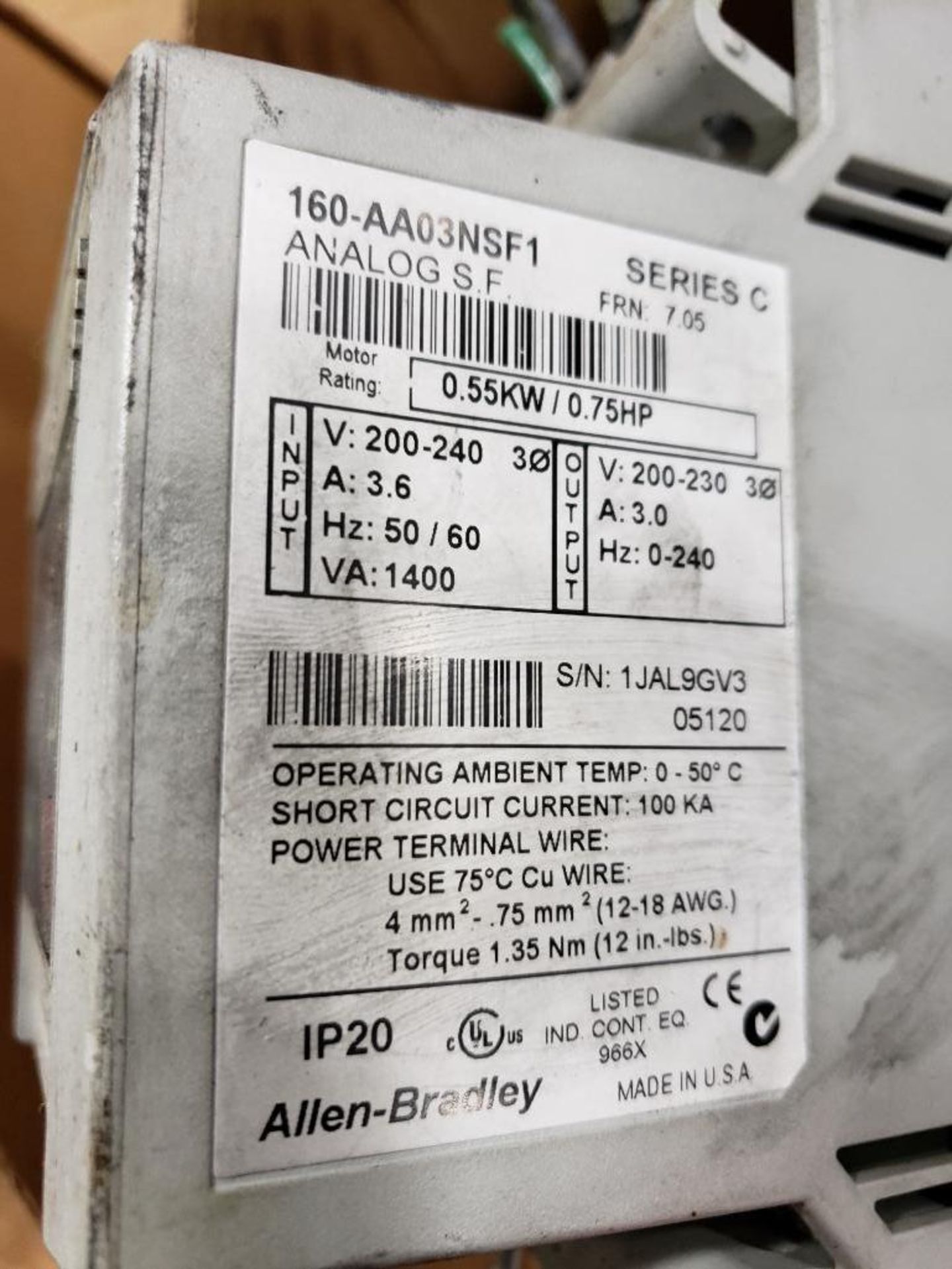 Allen Bradley ANALOG S.F. drive. 160-AA03NSF1. 0.55kW / 0.75HP. - Image 4 of 4