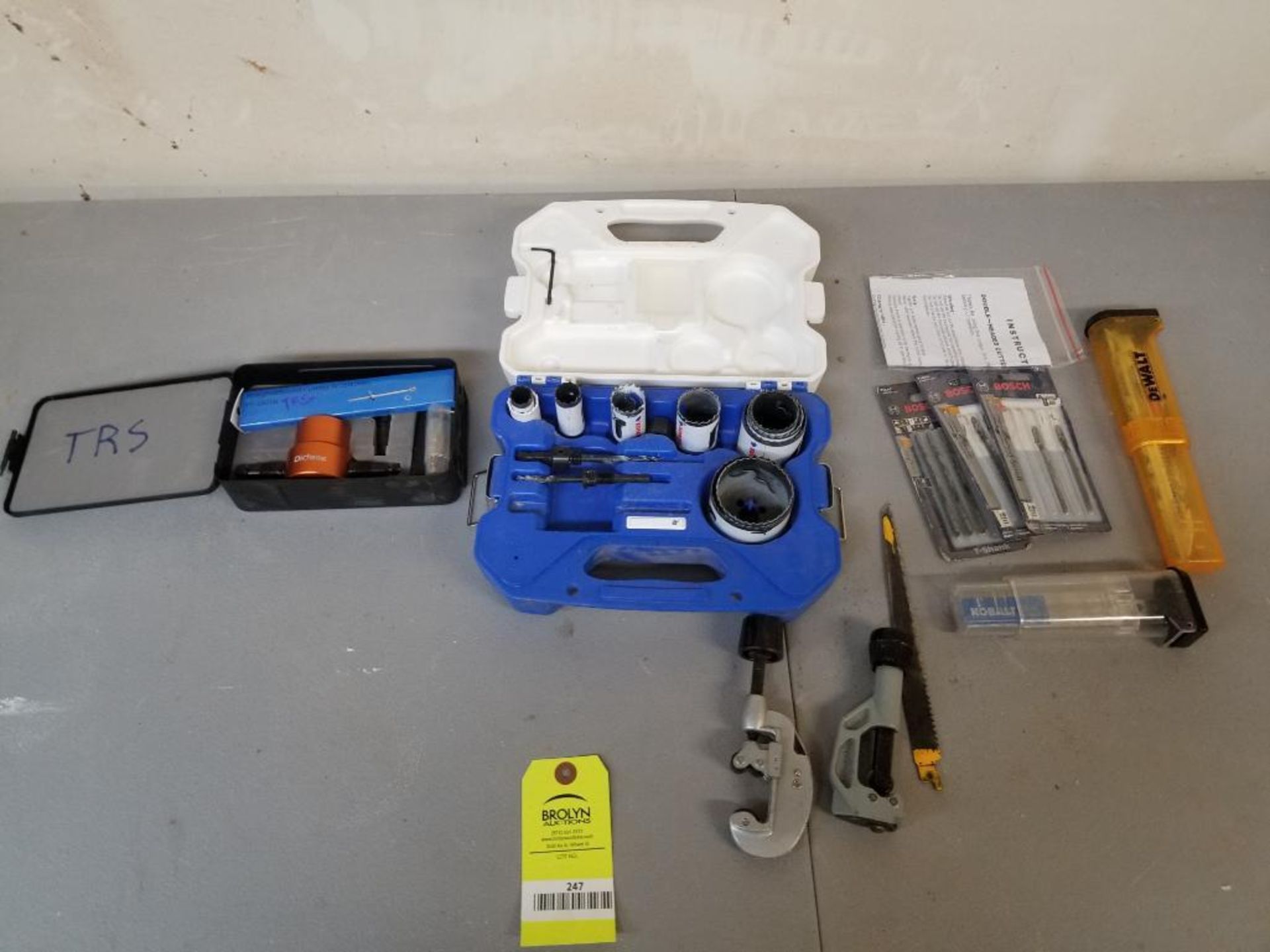 Assorted hole saws, pipe cutters, bits, etc.