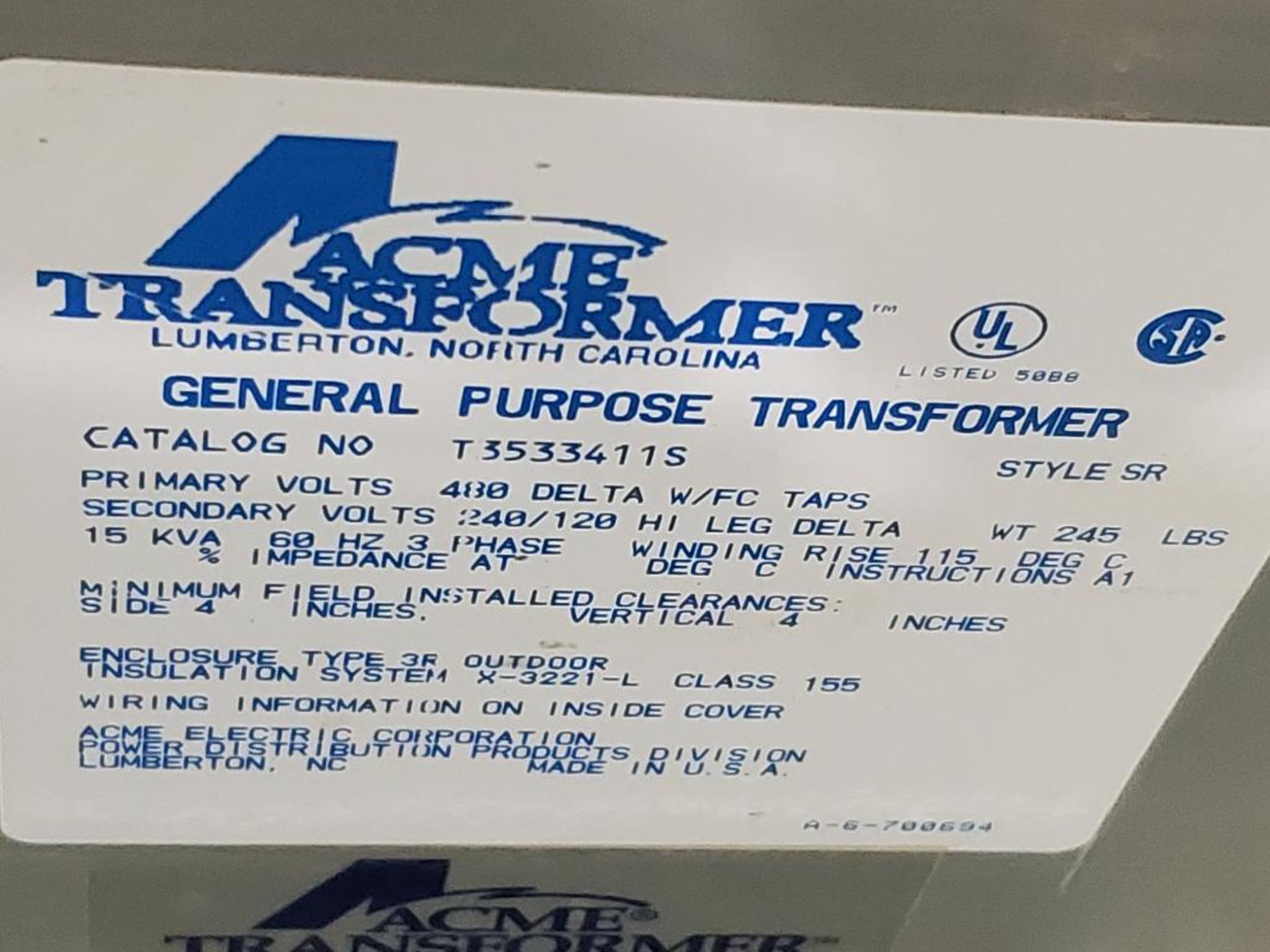 15kVa Acme transformer. Catalog T3533411S. - Image 3 of 4