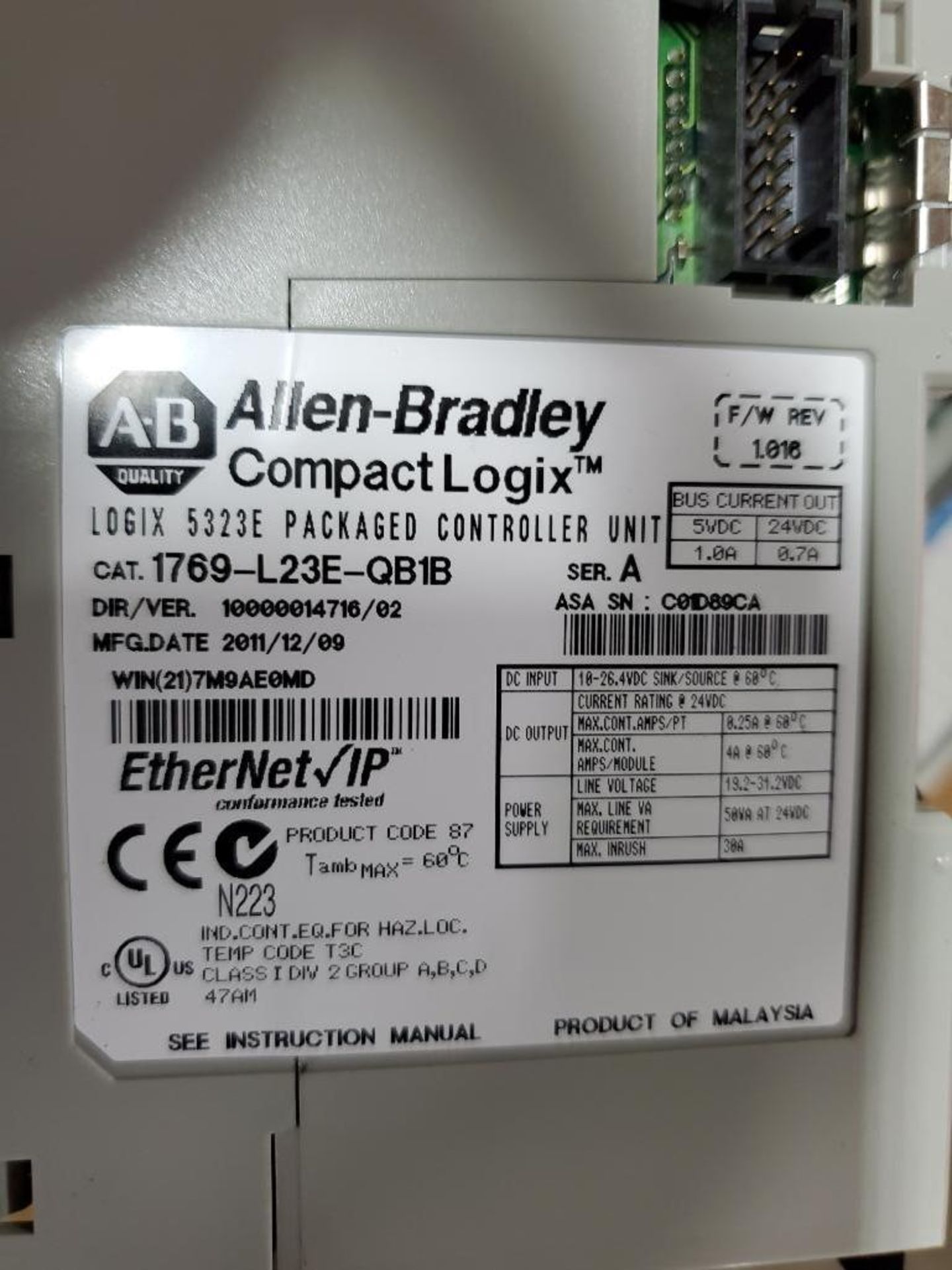 Allen Bradley CompactLogix packaged controller PLC. Catalog 1769-L23E-QB1B. - Image 6 of 7
