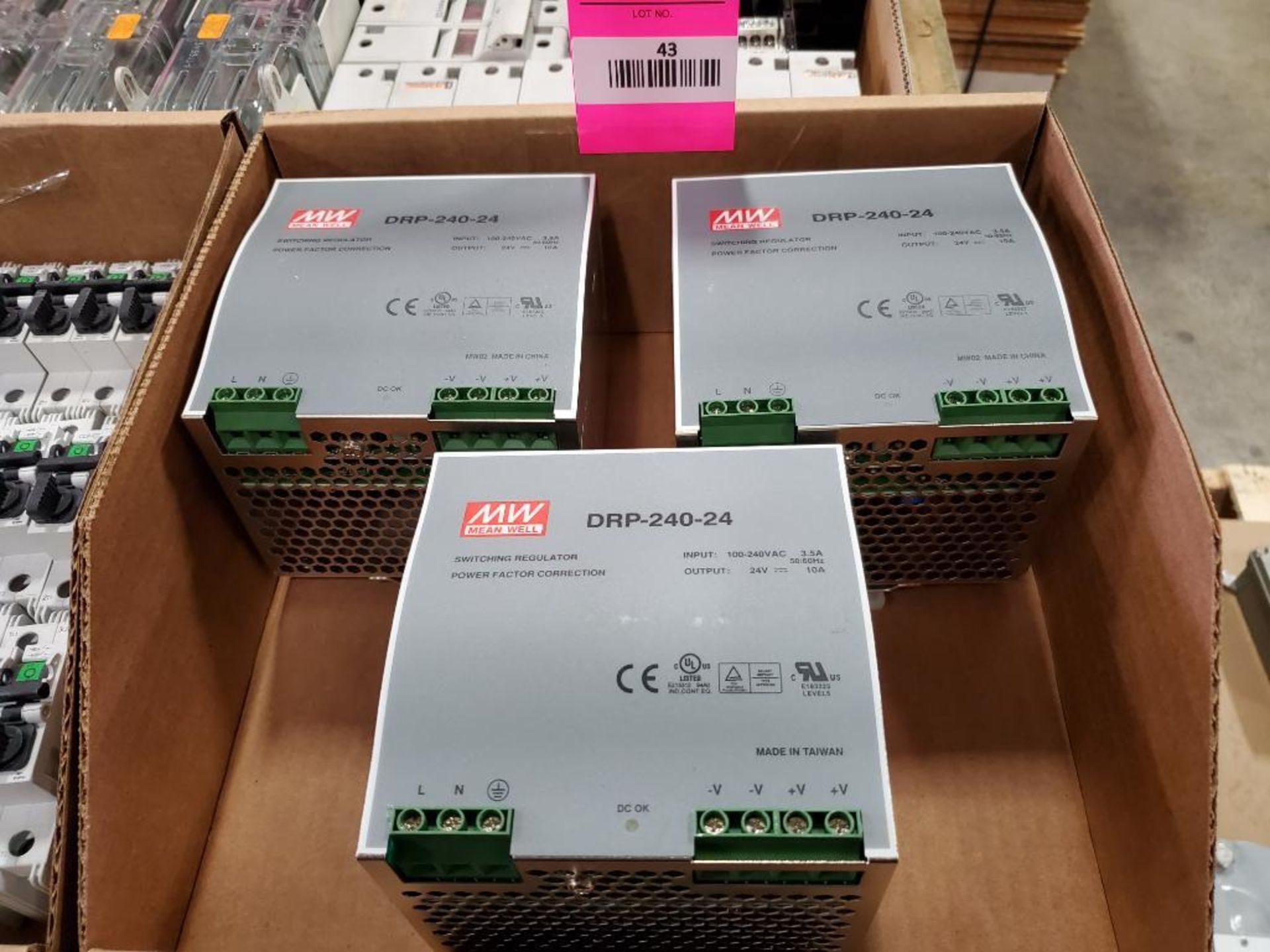 Qty 3 - Meanwell power supplies. Part number DRP-240-24.