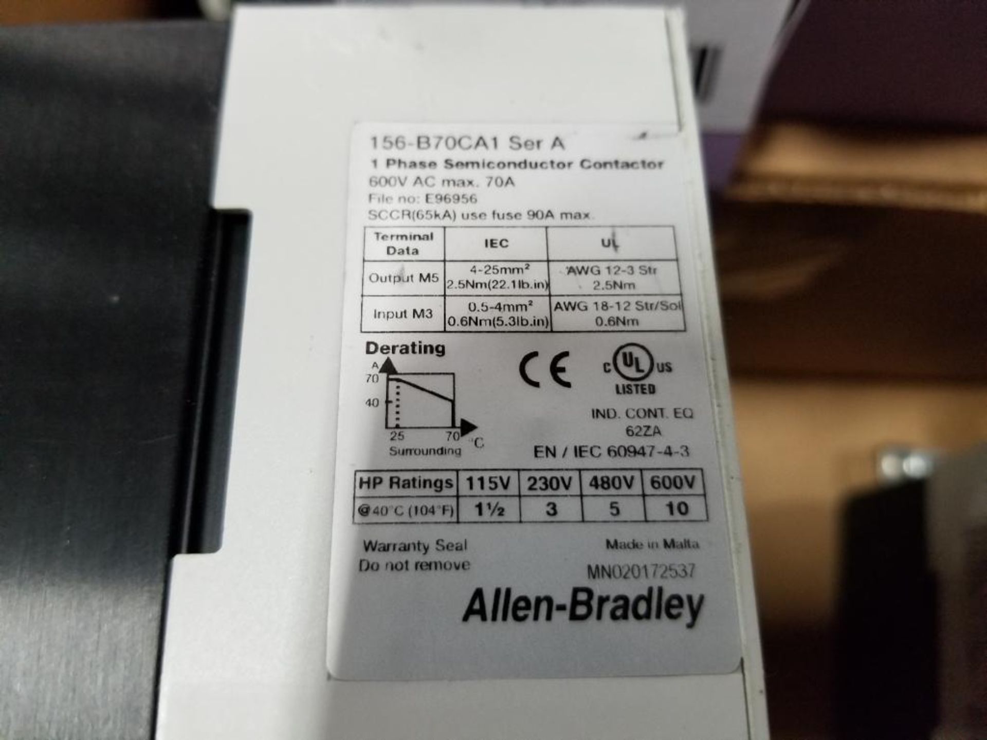 Qty 3 - Allen Bradley 156-B70CA1 semiconductor contactor. - Image 4 of 5