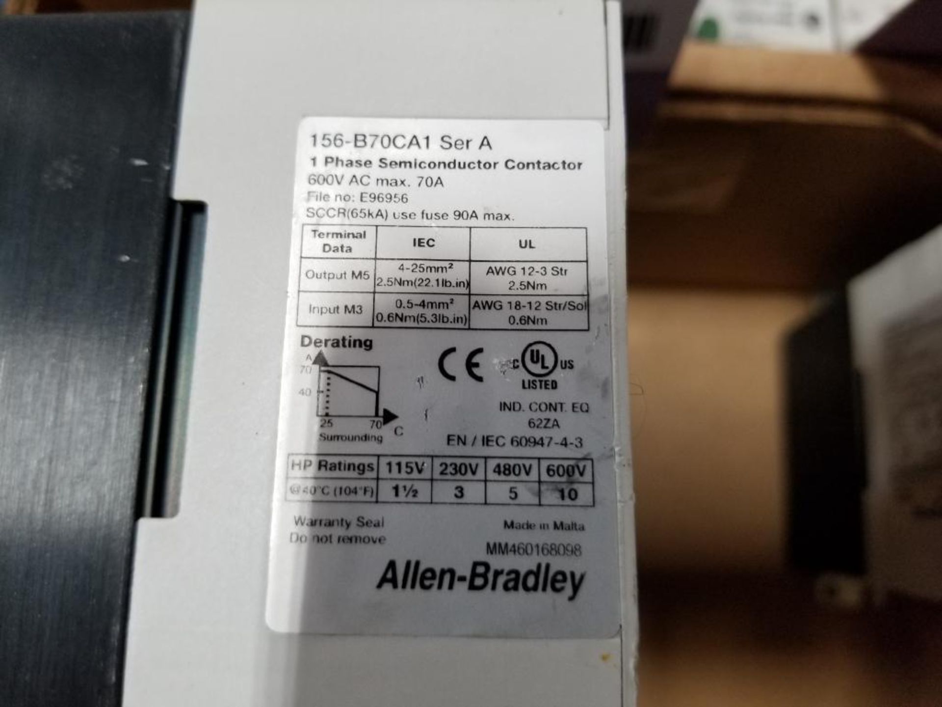 Qty 3 - Allen Bradley 156-B70CA1 semiconductor contactor. - Image 4 of 5