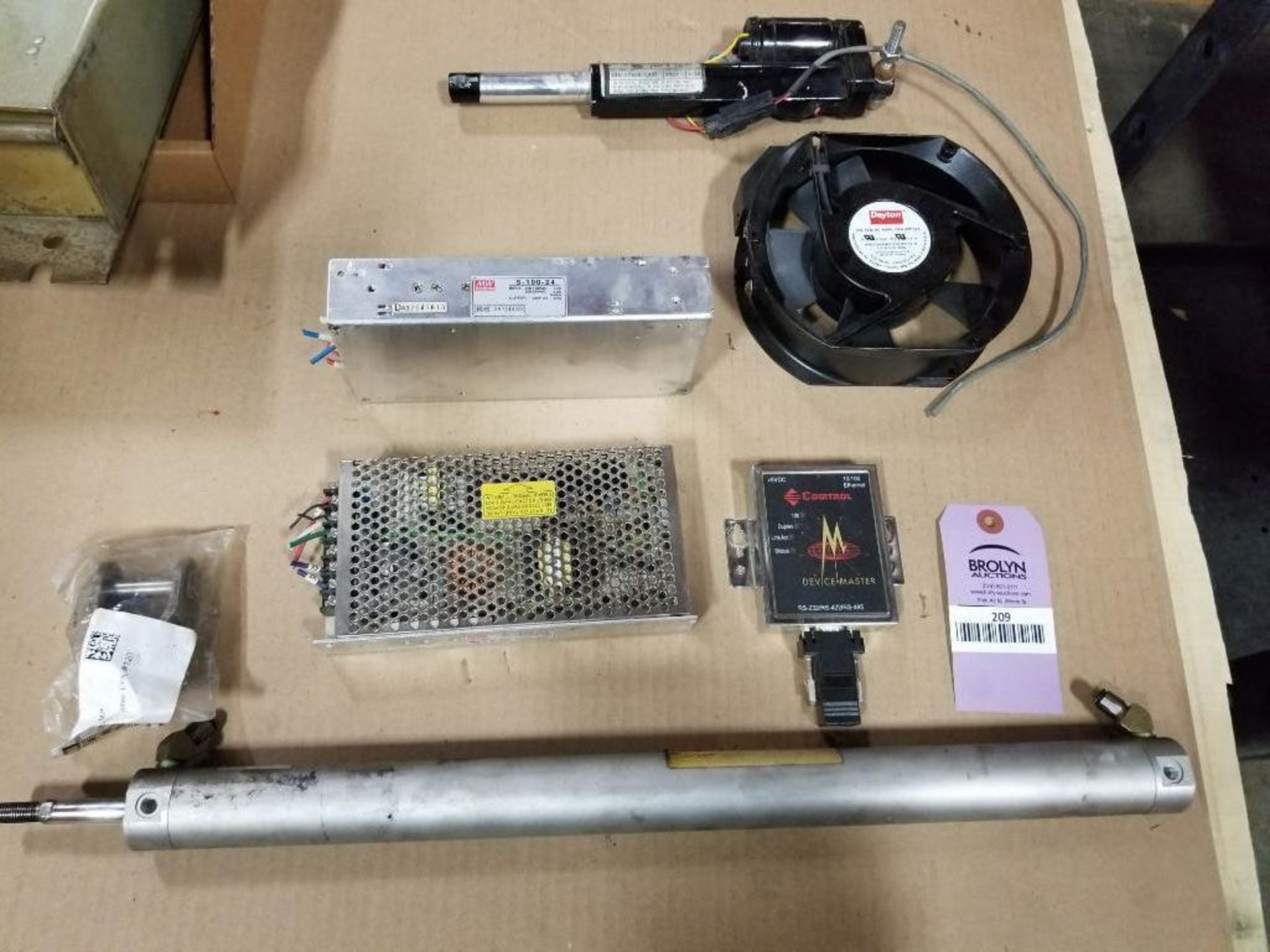 Assorted replacement parts. Actuator, fan, power supply. Dayton, Meanwell.