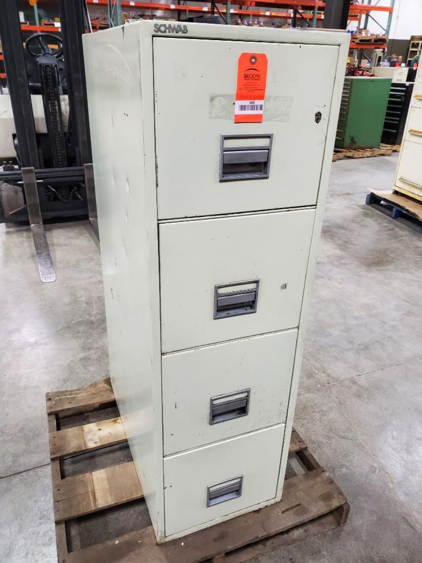 Schwab fireproof file cabinet. 17in wide x 31in deep x 53in tall.