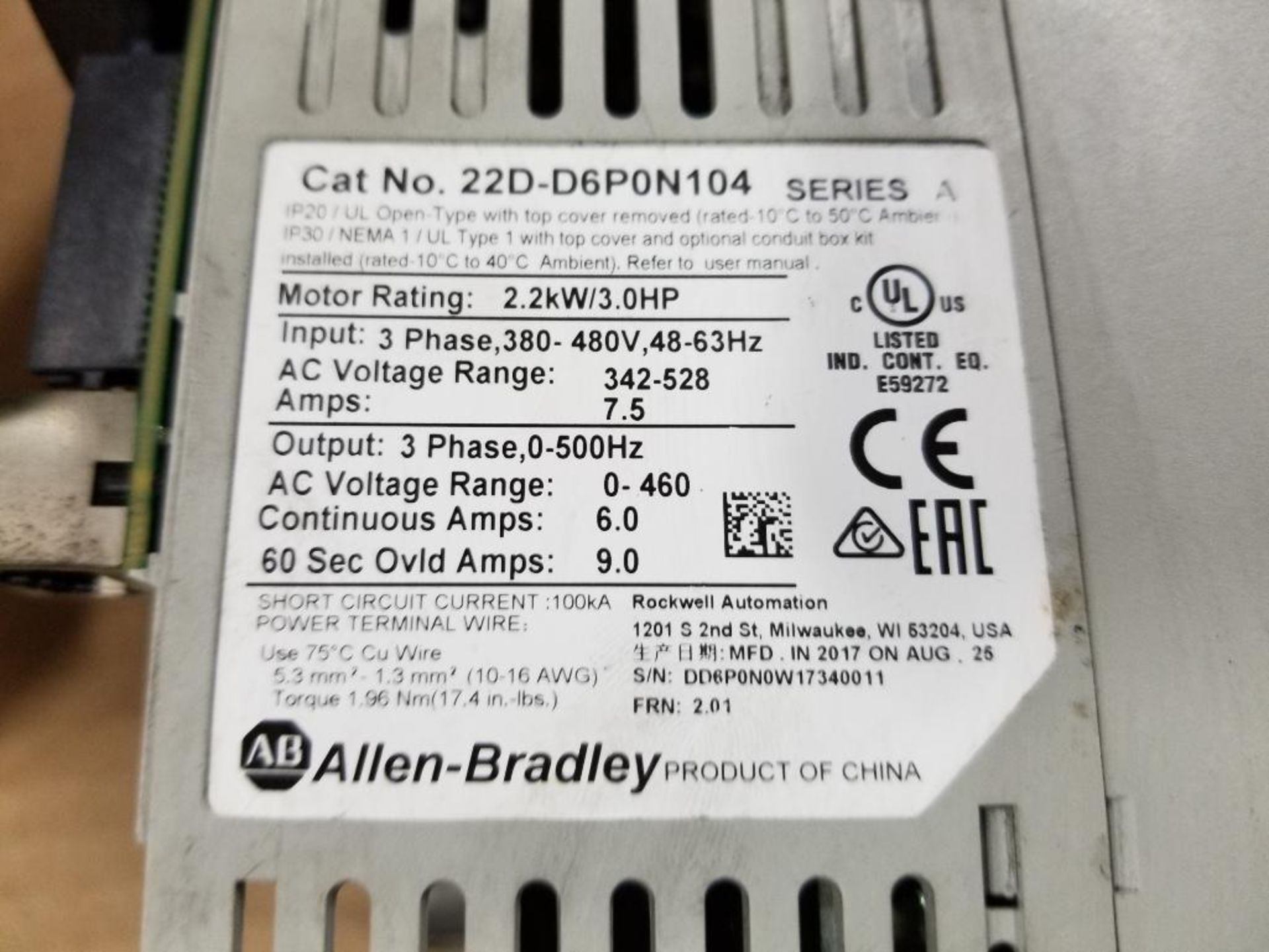 Allen Bradley 22D-D6P0N104 ac drive. 2.2kW / 3HP. - Image 3 of 7