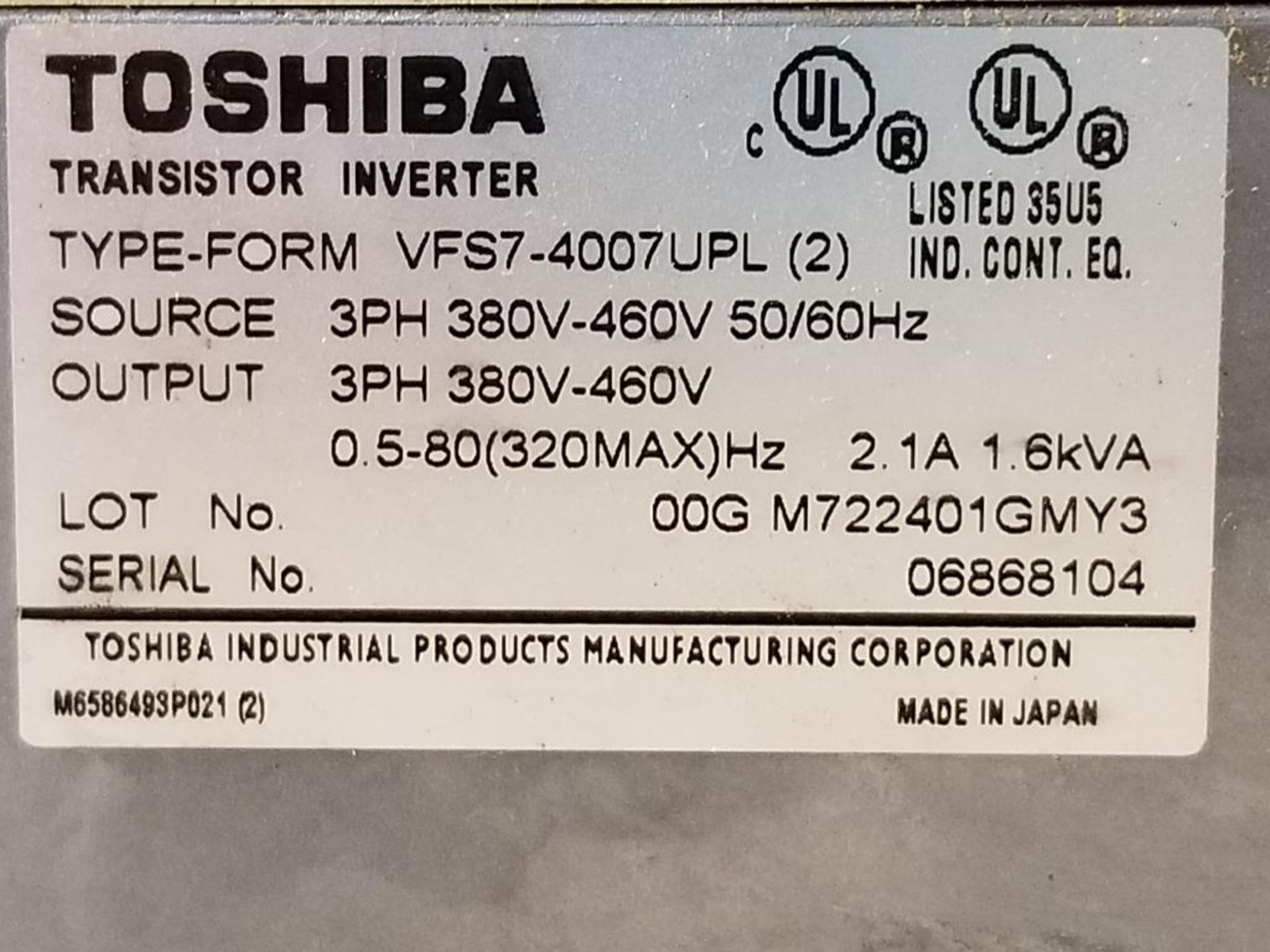Toshiba VF-S7 inverter drive. 400V-0.75kW. VFS7-4007UPL. - Image 3 of 5