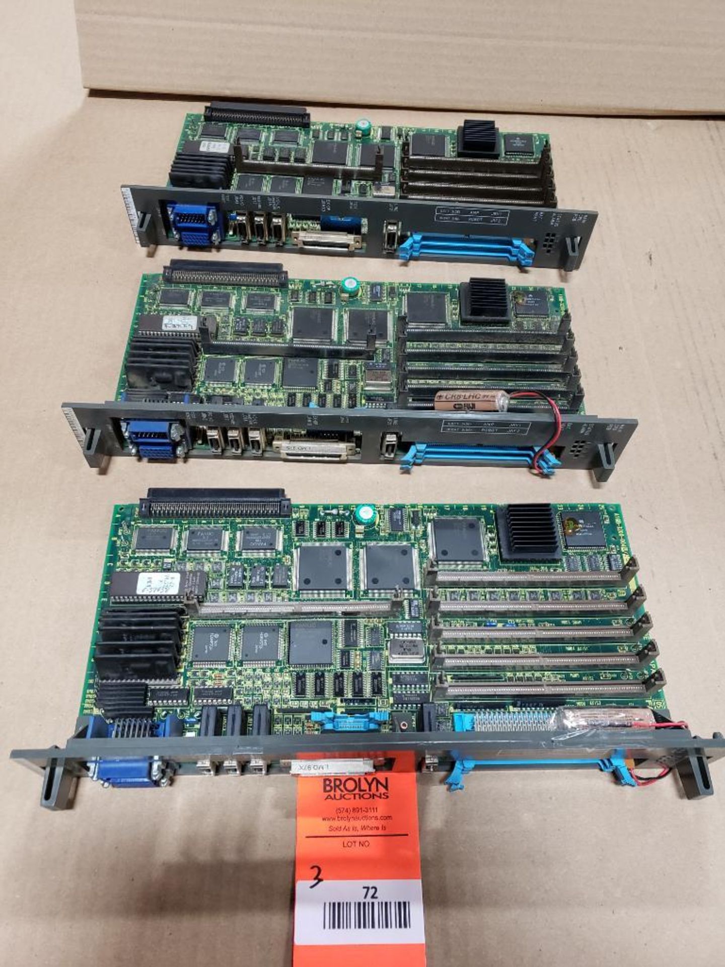 Qty 3 - Assorted Fanuc control boards. Part number A16B-3200-0040/05D and A16B-3200-0040/03C. .