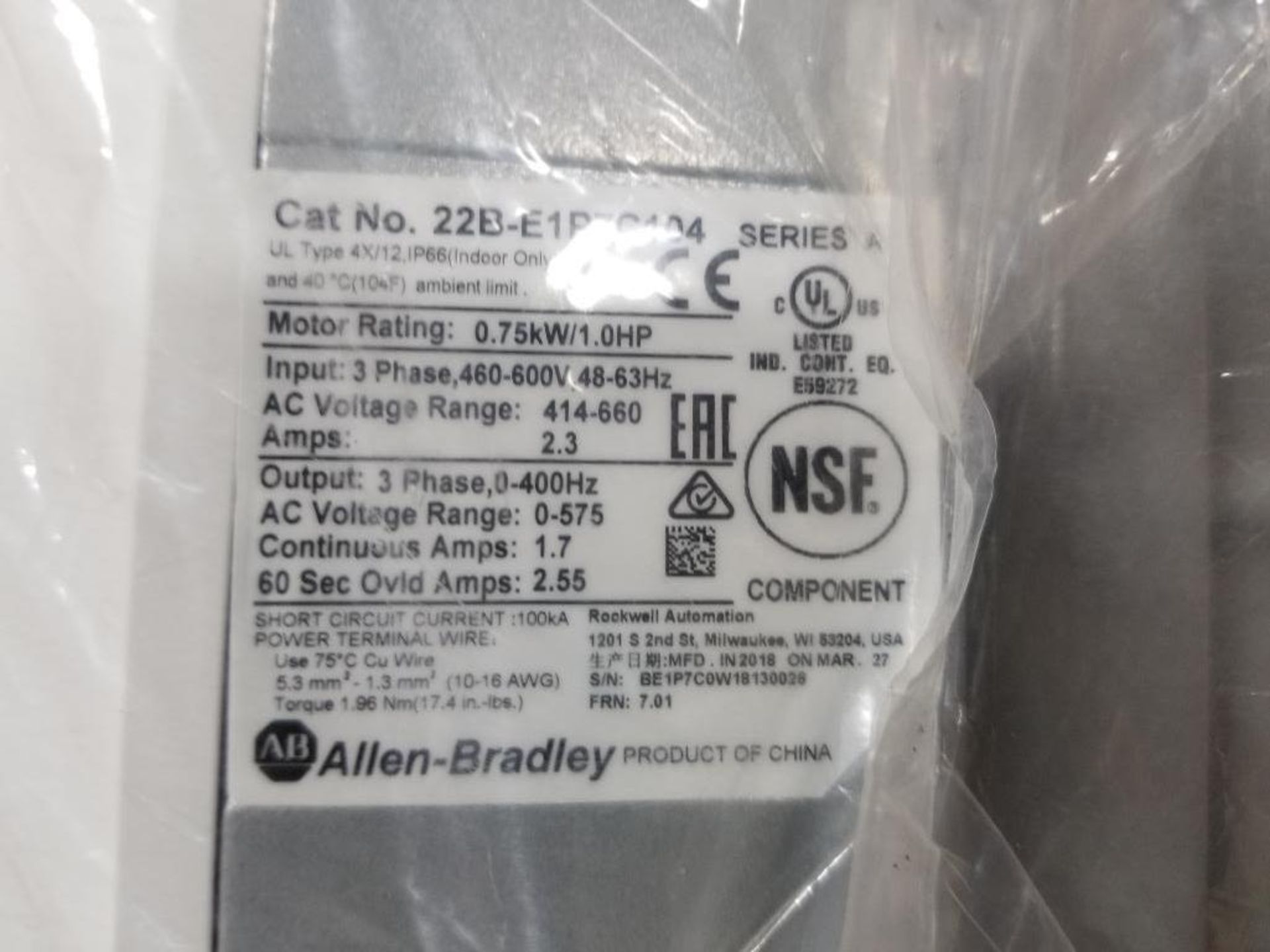 Allen Bradley PowerFlex 40 variable frequency drive. 22B-E1P7C104. 0.75kW/1.0HP. - Image 5 of 8