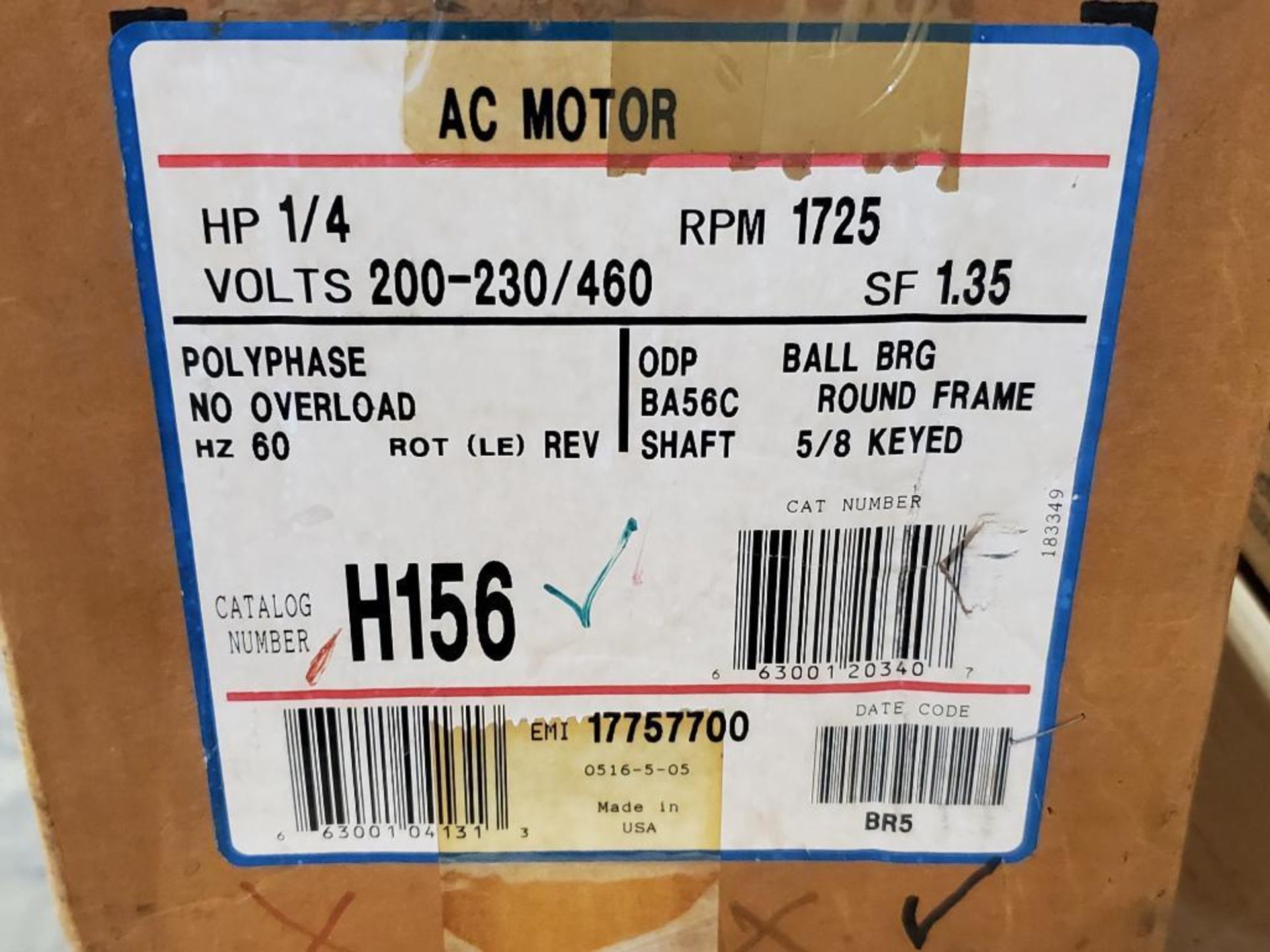 1/4HP Magnetek H156 AC motor. 200-230/460V, 1725RPM. New in box. - Image 3 of 3