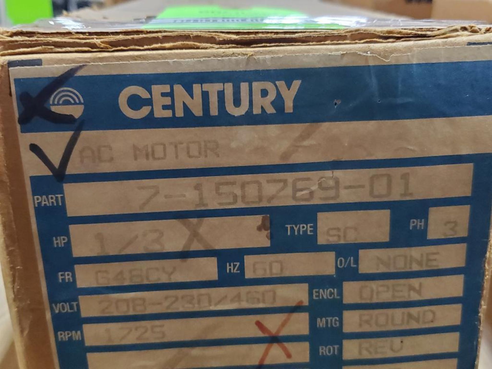 1/3HP Century 7-150769-01 AC motor. 3PH, 208-230/460V, 1725RPM. New in box. - Image 2 of 3