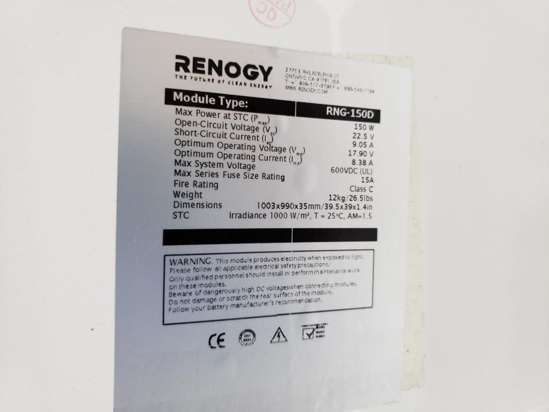RENOGY RNG-150D solar panel. 150W. - Image 3 of 4