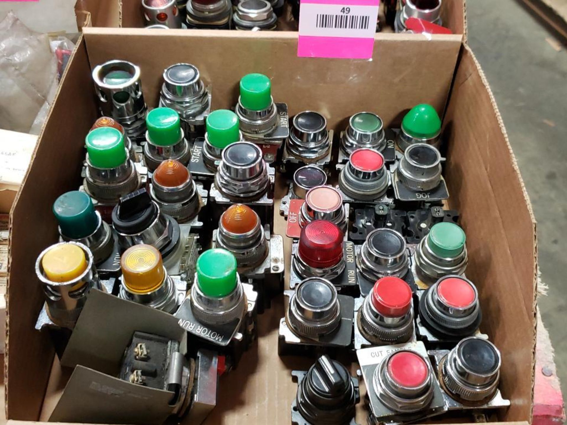 Assorted electrical pushbutton, selector switch, indicator light.