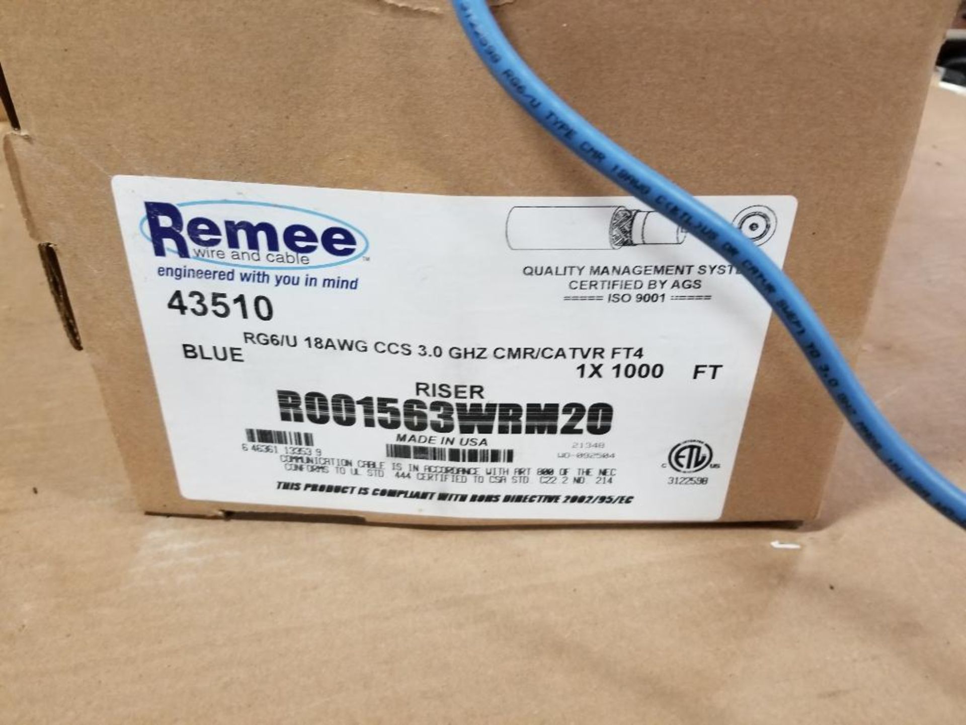 Qty 2 - Remee R001563WRM20 wire and cable. RG6/U 18AWG CCS 3.0 GHz CMR/CATVR FT4. 1000ft per box. - Image 2 of 2