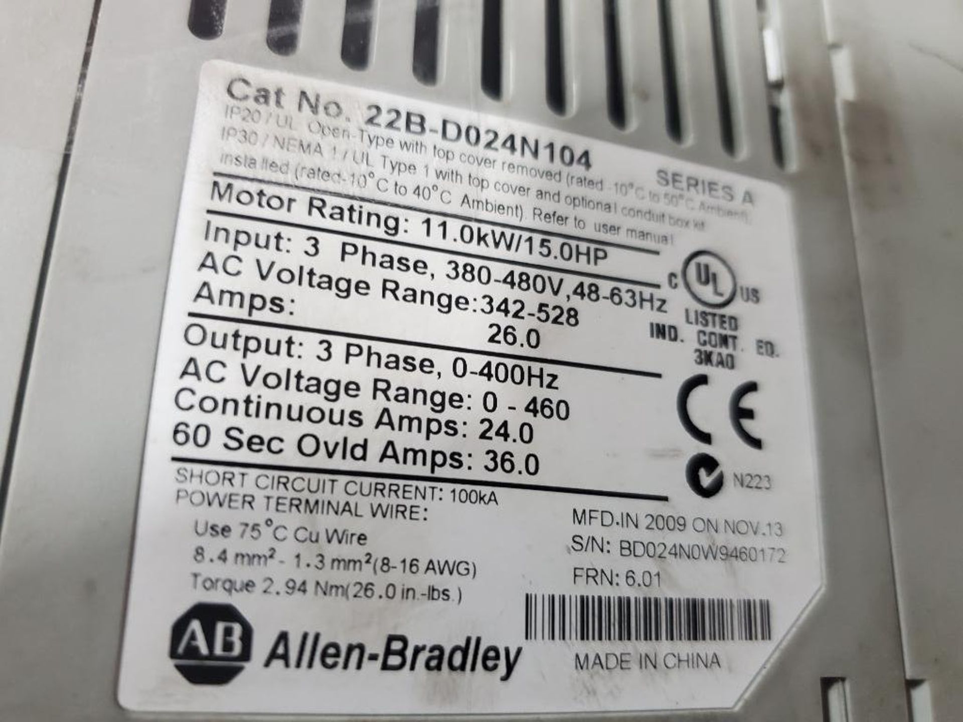 15hp Allen Bradley Powerflex 40 drive. Catalog 22B-D024N104. - Image 4 of 4