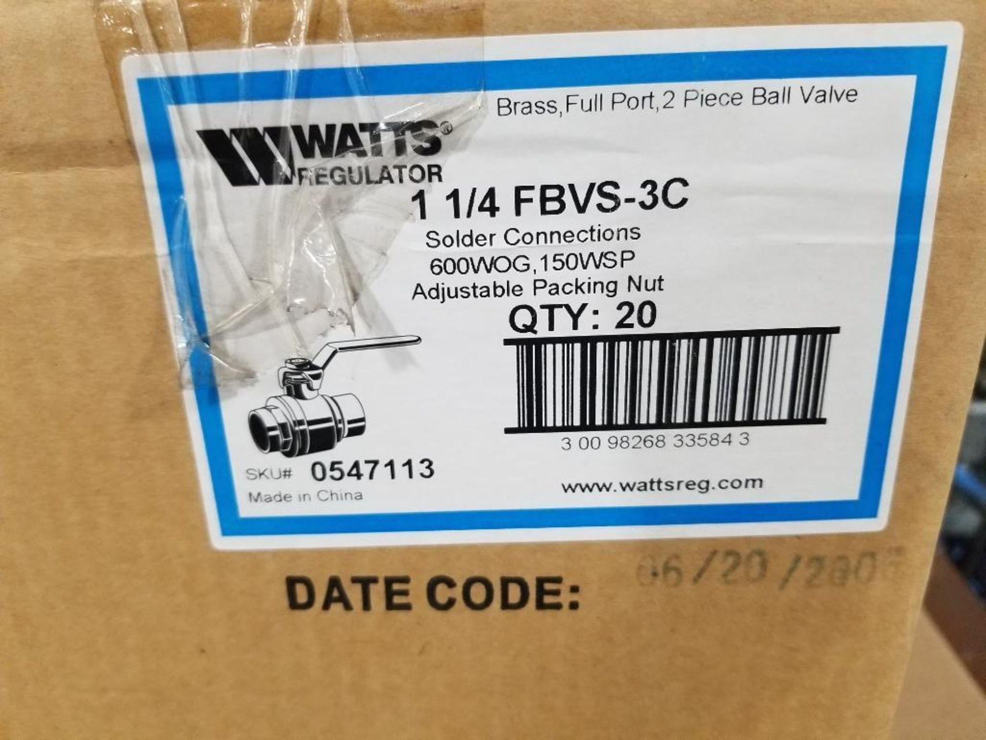 Qty 40 - Watts 1 1/4in brass solder on shut off valve. Part number 1-1/4-FBVS-3C. New in bulk box. - Image 3 of 7