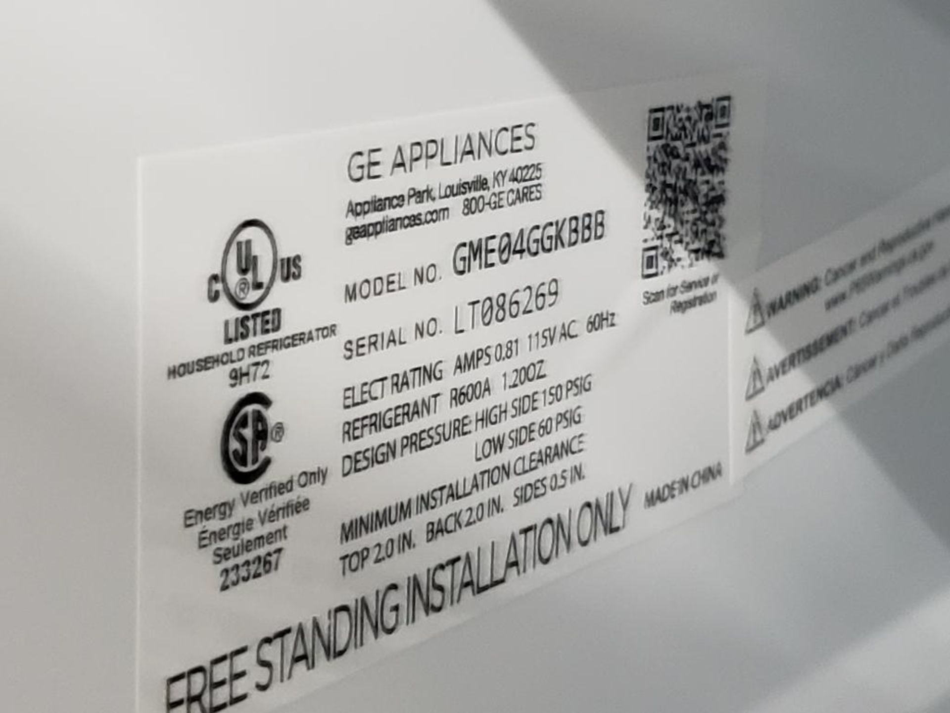 GE refrigerator. Model number GME04GGKBBB. 115v single phase. - Image 4 of 9