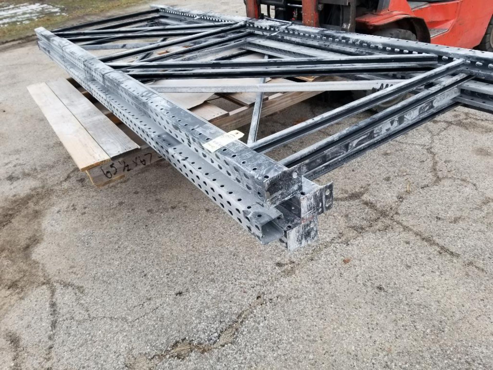Qty 4 - Pallet racking uprights.Teardrop style. 144in tall x 48in wide.