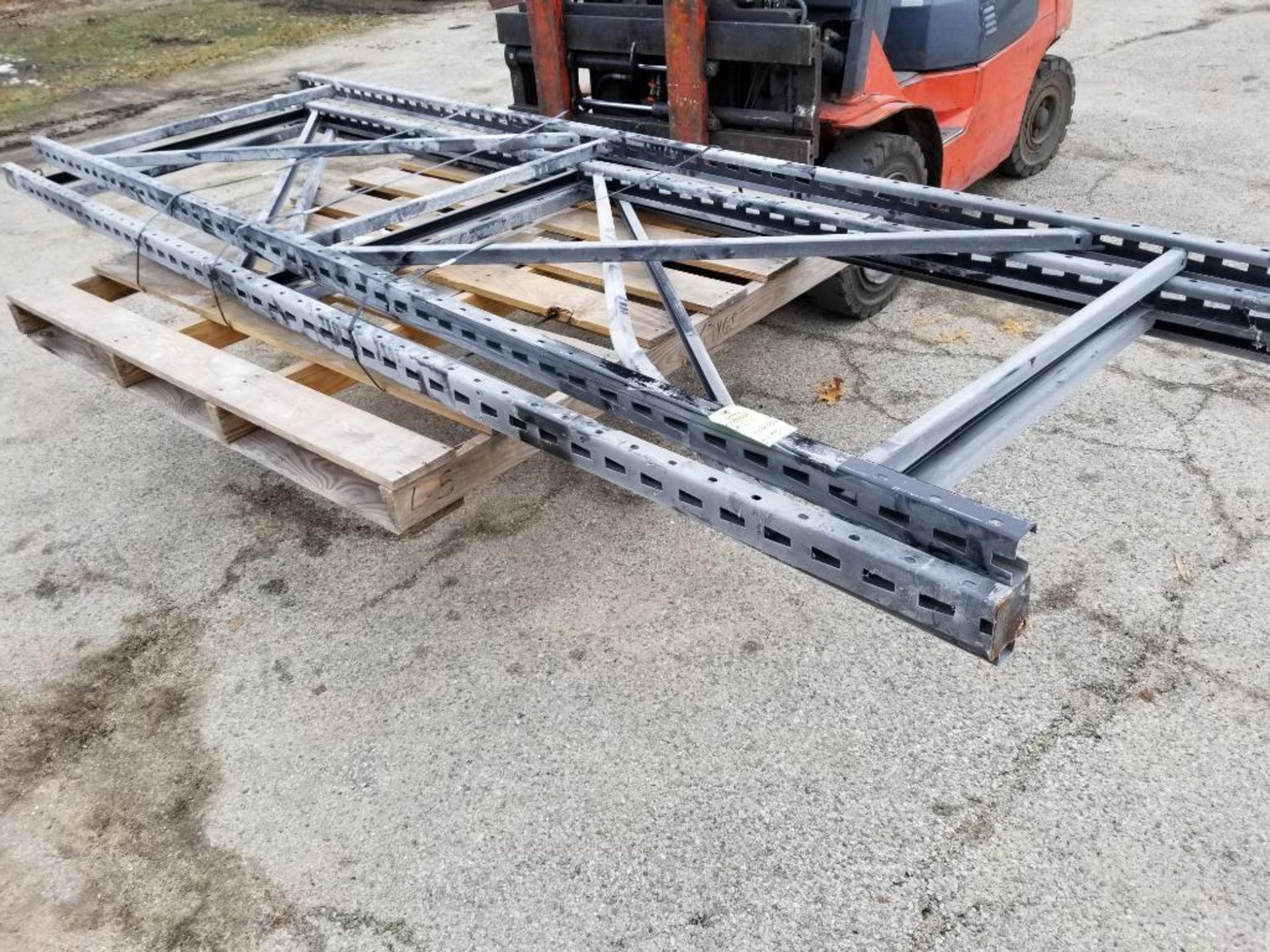 Qty 3 - Pallet racking uprights. 144in tall x 42in wide.