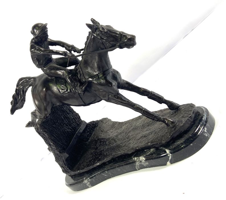 British School, Red Rum, with Jockey Up, taking a fence, unsigned bronzed figure group, 32cm high, - Image 3 of 6