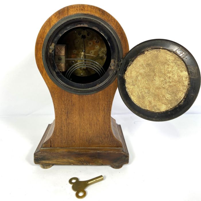 An Edwardian balloon top and inlaid mantel clock, 29cm high; And a Victorian oak cased aneroid - Image 7 of 7