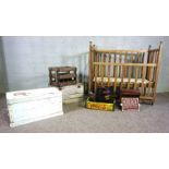 A small white wooden tool chest; together with assorted vintage items, including three crates, A