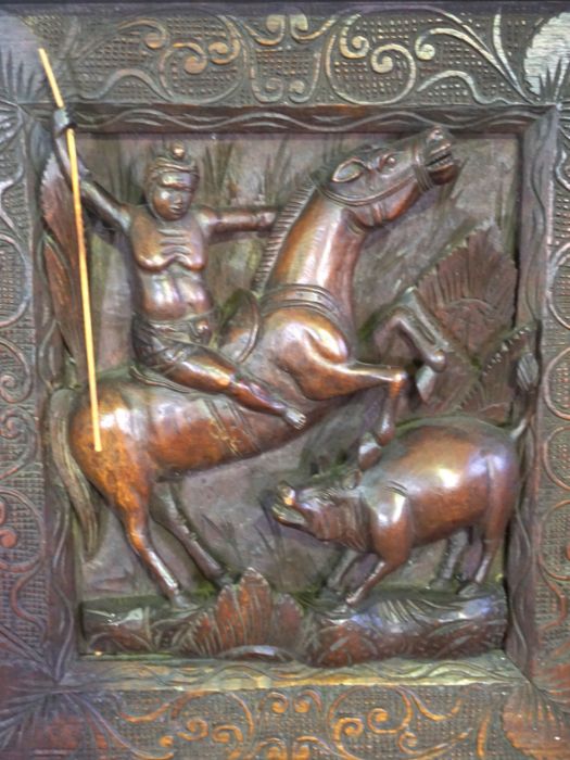 A modern Indian panel depicting a man on horseback hunting a wild pig, 52cm x 47cm - Image 2 of 2