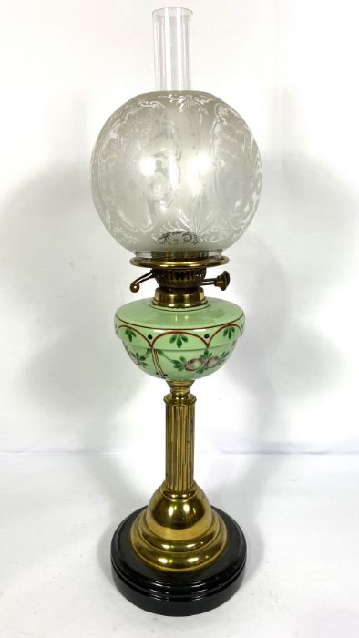A Victorian brass and ceramic oil lamp, with clear etched glass shade; together with two serving - Image 3 of 5