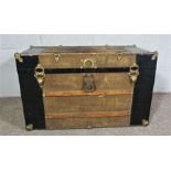 A vintage leather, canvas and wood slatted trunk, 84cm long; together with a modern ‘fan’ standard