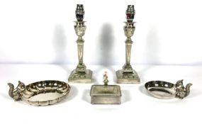 A good pair of Adam style silver plated candlesticks, by Walker & Hall, later fitted as table lamps,