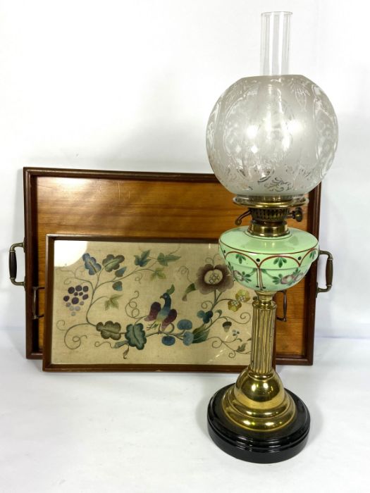 A Victorian brass and ceramic oil lamp, with clear etched glass shade; together with two serving - Image 2 of 5