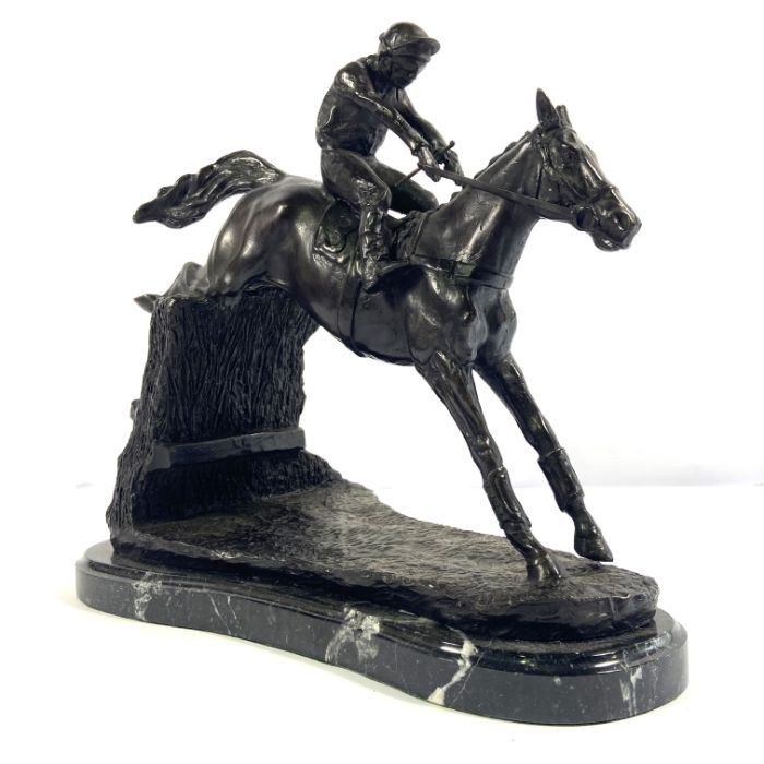 British School, Red Rum, with Jockey Up, taking a fence, unsigned bronzed figure group, 32cm high, - Image 2 of 6