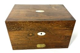 A William IV rosewood travelling box, the interior with assorted compartments and fittings for