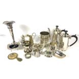 Assorted silver plate, including a tea service, wine bottle coaster, trumpet flower vase, two