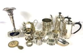 Assorted silver plate, including a tea service, wine bottle coaster, trumpet flower vase, two