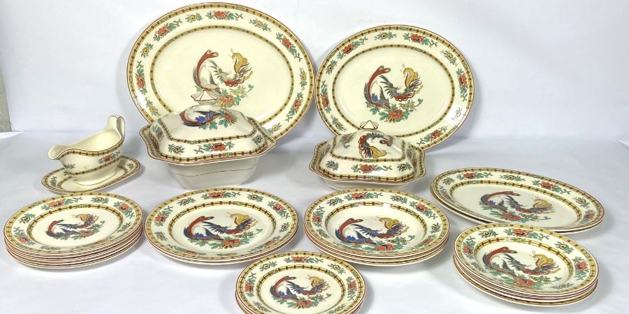 A Wedgwood creamware dinner service, Imperial Ivory pattern, decorated with phoenix and flowers, - Image 2 of 8