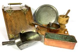 A Victorian brass mounted coal box, together with a cider jug and assorted related items
