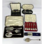 Assorted silver and silver plated flatware, including a cased 1937 Coronation commemorative six
