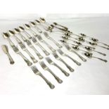 A silver flatware service for six place settings, Hourglass pattern, mainly Regency period, Dublin
